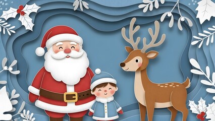 Paper cut Santa Claus with child and reindeer. Christmas holiday greeting and winter celebration. Festive papercraft scene with Santa and a boy in blue coat in a snowy landscape