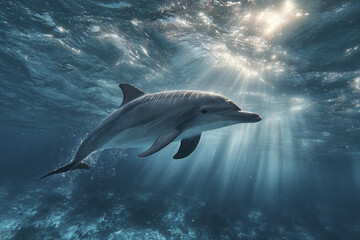 Fototapeta premium Dolphin swimming underwater with sunlight rays penetrating ocean surface, creating serene and peaceful marine scene full of natural beauty and smooth motion