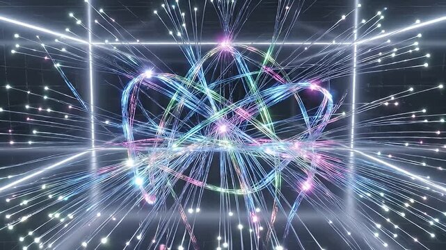 Dynamic digital illustration depicting colorful atomic particle motion in a futuristic 3D space with abstract light trails and energy waves