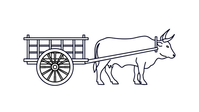 Ox pulling a simple wooden cart with large wheel and visible wooden slats slowly forward.