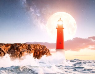 digital illustration of a red lighthouse on a rocky coast under a full moon.