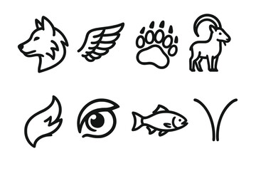 Obraz premium Wildlife Icons Collection. Wild Fauna set in outline vector style: wolf outline, eagle wing, bear paw, mountain goat, fox tail shape, owl eye, river fish, insect antenna