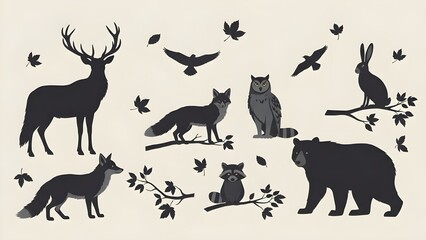 Obraz premium Conjunto de animales del bosque Linocut, colección de impresión de grabado de naturaleza de silueta de vida silvestre vectorial. Mamíferos grabados en madera vintage, oso espantoso, astas de venado,