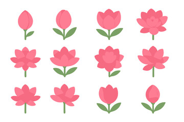 Petal Evolution Icons. Petal Evolution set in isometric flat vector : tight bud, soft opening curve, layered bloom, vibrant flower, spreading petals, subtle decline mark -