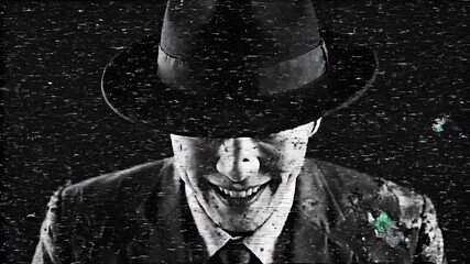 A chilling black and white portrait of a mysterious man in a fedora hat and suit with unsettling pale eyes and a sinister smile evoking a dark film noir or horror character perfect for suspenseful an.