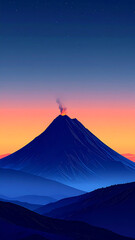 ethereal fog wraps around the lower flanks of the volcano mountain