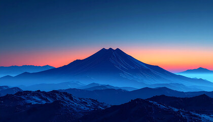 ethereal fog wraps around the lower flanks of the volcano mountain