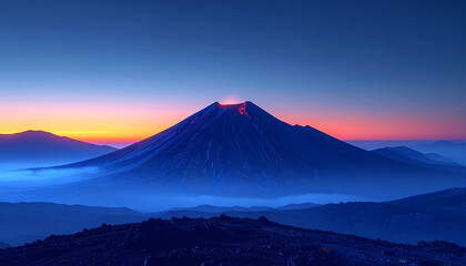 ethereal fog wraps around the lower flanks of the volcano mountain