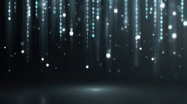 Digital rain with glowing binary code cascading down in a futuristic dark background for technology and innovation concepts