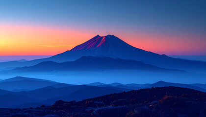 Fototapeta premium ethereal fog wraps around the lower flanks of the volcano mountain