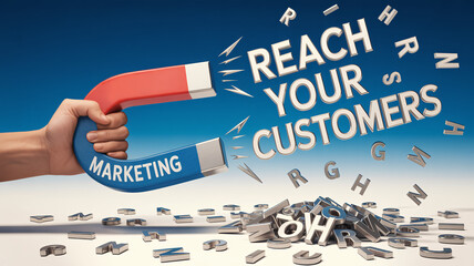 Hand holding magnet with text "Marketing" attracting flying metal letters "Reach Your Customers"