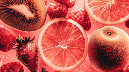 Vibrant of assorted fresh fruits, showcasing textures colors in lively arrangement. Detailed view of sliced citrus, whole raspberries, strawberry, kiwi, presented with warm, inviting color palette