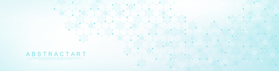Modern health care or medical background design. Health care innovation concept. Horizontal header web banner. Abstract geometric background with hexagon shapes for medicine, science, chemistry.