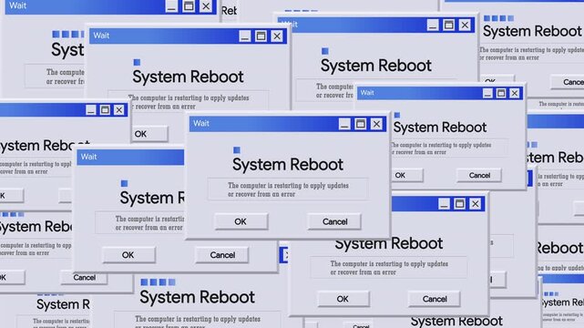 Multiple System Reboot Message Pop-up Windows Cascading. Vintage pop up windows