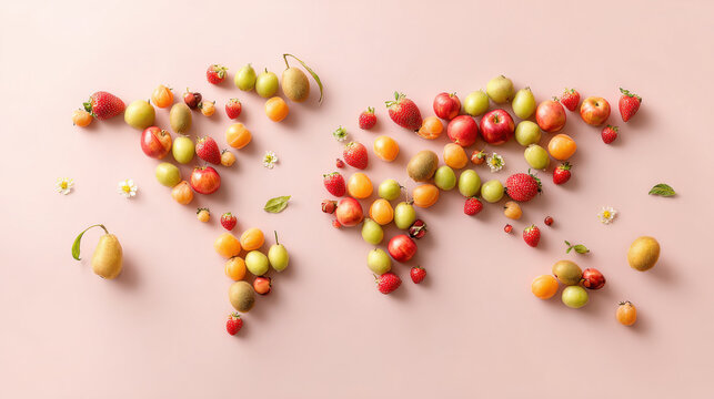 Creative world map made of fresh fruits berries on pastel pink background. Representation of globe using diverse assortment of colorful fruits and berries arranged meticulously on a soft pink surface