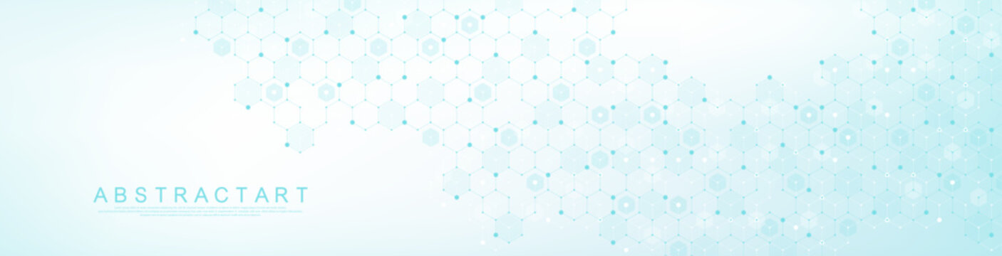 Modern health care or medical background design. Health care innovation concept. Horizontal header web banner. Abstract geometric background with hexagon shapes for medicine, science, chemistry.