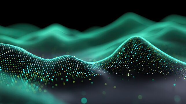 Abstract Digital Landscape with Glowing Particles and Waves in Vibrant Teal Colors Against a Black Background for Futuristic Design Concepts
