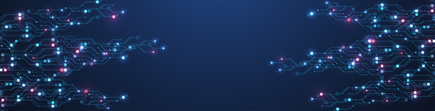 Modern technology circuit board texture background design. Quantum computer technologies concepts, large data processing. Futuristic blue circuit board background. Minimal vector motherboard