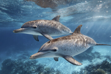 Fototapeta premium Two dolphins moving gracefully underwater in clear blue ocean water with sunlight filtering through, showing close companionship and natural marine life beauty