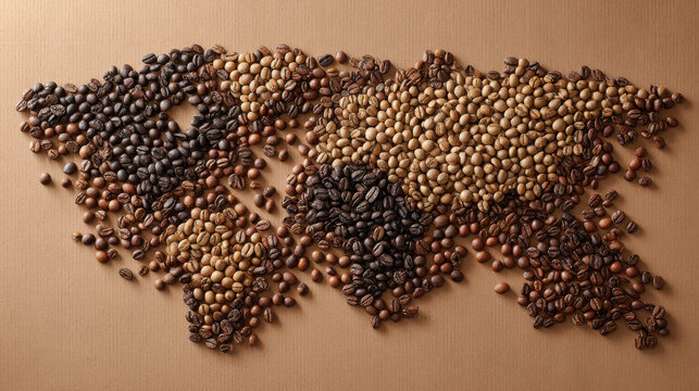 Creative world map art meticulously crafted from assorted coffee beans on a textured background. A unique representation of globe formed by various coffee beans, showcasing different roasts origins