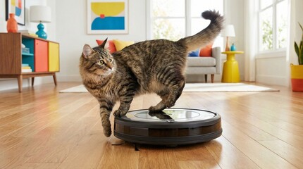 Curious cat riding on robotic vacuum cleaner