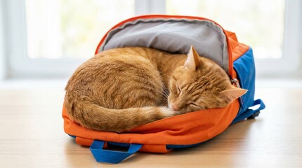 Orange cat sleeping curled up in an open backpack