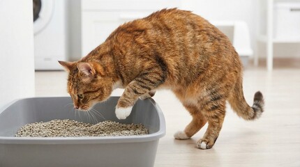 Curious cat stepping into litter box