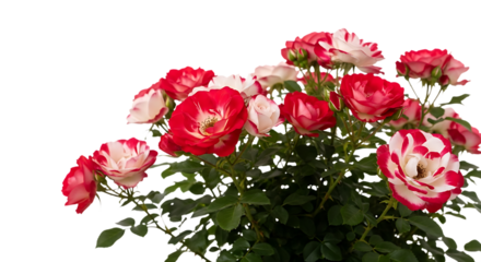 Red and transparent white bicolor roses with green leaves on black background
