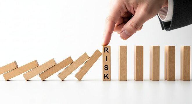 Hand Stopping Domino Effect with Risk Label on White Background