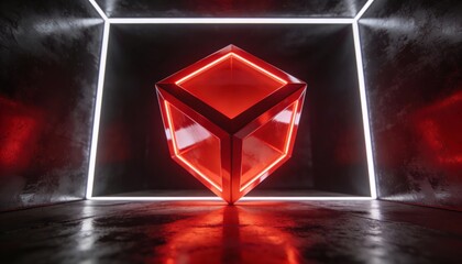 Glowing red geometric wireframe cube floating in a dark industrial metallic room with white neon frame