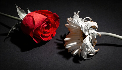 Contrast of life and death with a fresh red rose and a wilted white daisy lying on a black surface