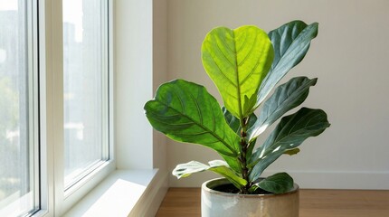 Morning light shining on fiddle leaf fig by window