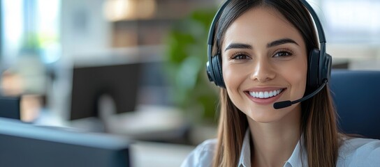 Smiling customer service call center agent wearing headset at modern office desk, ideal for business support, helpdesk communication, and professional client assistance