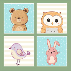 Cute baby animals nursery art set, hand drawn kawaii bear, owl, bird and rabbit illustrations for kids room decor and posters