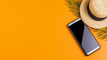 Summer Flatlay Smartphone, Straw Hat and Palm Leaves on Orange Background