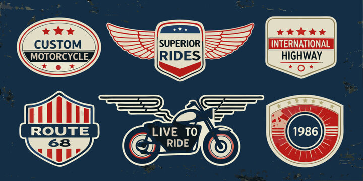 Vintage motorcycle badges and emblems collection with retro designs and typography