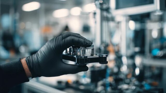 Close up of a scientist's gloved hand examining a microchip in a cutting edge laboratory environment. The scene highlights technological advancement and scientific research excellence