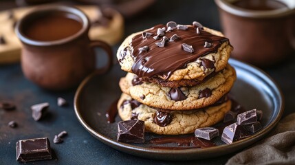 Indulge in these delicious chocolate chip cookies that beautifully stacked, each one generously topped with a rich, melted chocolate drizzle that enhances their mouthwatering appeal and deliciousness