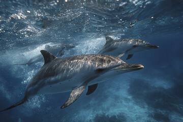 Fototapeta premium Dolphins swimming underwater in ocean with sunlight reflecting on their bodies, creating peaceful and natural marine scene full of life and movement