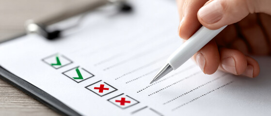 A hand holding a pen marks checkboxes on a clipboard, indicating tasks completed and pending.