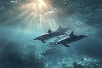 Fototapeta premium Dolphins swimming together underwater with sunlight rays penetrating ocean surface, creating serene and peaceful marine scene full of natural beauty and life