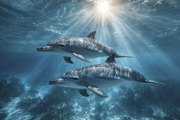 Fototapeta premium Two dolphins swimming together beneath ocean surface with sunlight rays penetrating water, creating peaceful and natural underwater scene