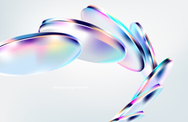 Abstract vector background of 3D glass circle and ovals. Transparent iridescent geometric shapes for poster and presentation design.
