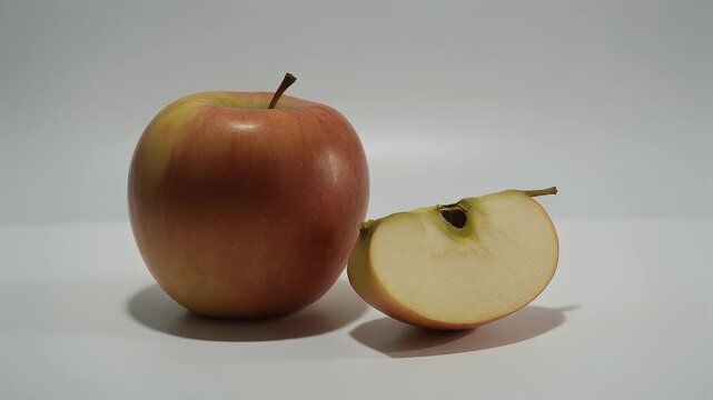 A whole, reddish fruit and a slice of the same. Both sit on a white surface, with a plain background. The slice displays the core