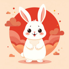 Obraz premium Cute cartoon white bunny on red circle background with clouds, happy Easter, spring, playful, charming, adorable, festive, whimsical.