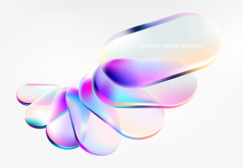 3D glass oval shapes. Transparent iridescent geometric shapes on white background. Abstract vector design elements.