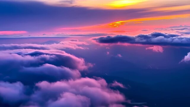 Vivid sunset hues paint the sky above a blanket of fluffy clouds. the warm, glowing colors blend seamlessly with the cooler blue tones, creating a serene atmosphere ideal for nature-themed prints or d