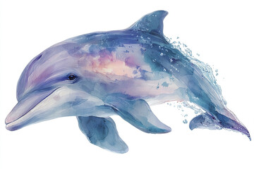Watercolor dolphin illustration with soft gradients and splashes, featuring organic shapes and serene expression in blue and purple tones