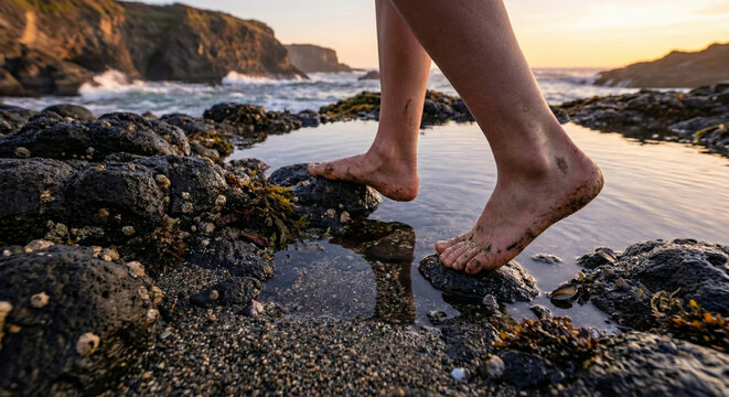 A close-up low-angle view of sandy bare feet stepping carefully across wet, barnacle-covered rocks and tide pools along a rugged coastline.