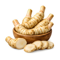Fresh turmeric roots in bowl, isolated on transparent background